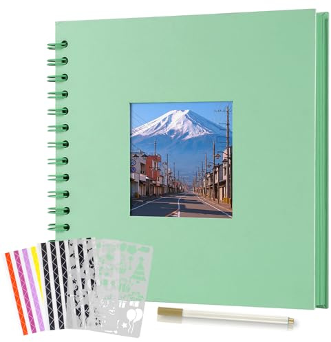 Boic Fotoalbum zum Selbstgestalten 21x21cm, DIY Spiralalbum 40 Seiten Fotoalben Scrapbook mit Fenster, Fotobuch für Baby Valentinstag Geburtstag Weihnachten Geschenk (Grün)
