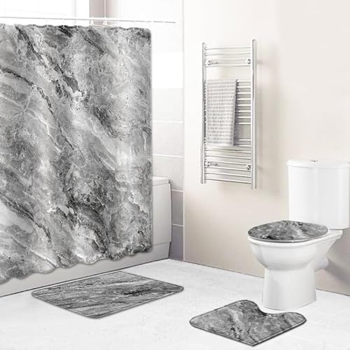 Badgarnitur 3 Teilig Badezimmerteppich Waschbar Badematte rutschfest,Wc Vorleger Mit Ausschnitt Und Badematte, Badvorleger Toilette Teppich 45X75Cm Grauer Marmor