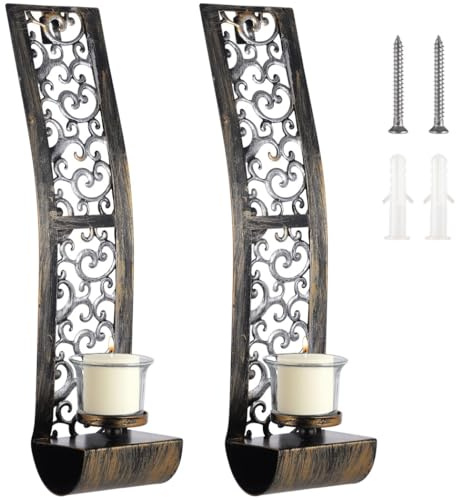 Tressify 2 Stück Antik Bronze Wand Kerzenhalter Set Retro Wandkunst mit Glasschirmen für Wohn- & Esszimmer