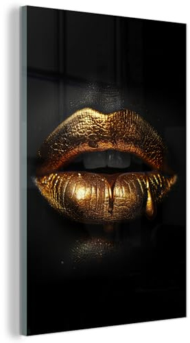 MuchoWow© Glasbild Wall Art Decoration Bilder für die Wand Schlafzimmer | 80x120 cm - Deko Canvas Painting Wanddekoration Wohnzimmer Frau - Lippen - Porträt - Gold - Schwarz
