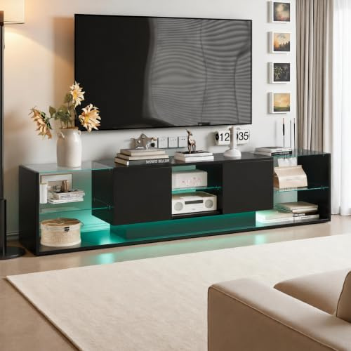 OLIVIBED Mobile base per TV con vano portaoggetti, tavolo TV con 2 ante e ripiano in vetro, mobile porta televisione per televisori fino a 85 pollici, mobile laterale per TV per soggiorno, nero, 200 x