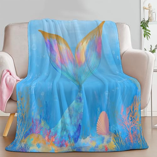 Himmelblau Kuscheldecke Verträumte Meerjungfrauenflosse Flauschig Decke Fleecedecke, Sofa Überwurfdecke, Wohndecke Warm Weich Sherpa Wolldecke, Gemütlicher Überwurf für Bett und Couch, 100 x 130 cm
