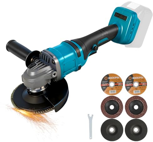 Roadtime Cordless Angle Grinder for Makita 18V Battery, 125mm 11800RPM Brushless Grinding Tool with 3 Variable Speeds Grinders, with 6 Disc, Side Handle,for Cutting Grinding Polishing (No Battery)