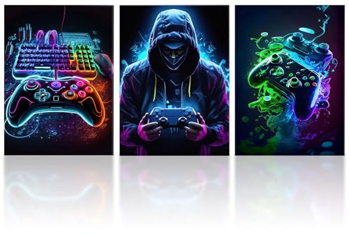 milaosk 3Pcs Gaming Wall Art Canvas Neon Controller Video Gamepad Posters | Prints Artwork Pictures for Teen Boys Bedroom Gaming Room Decor 12x16 in Unframed