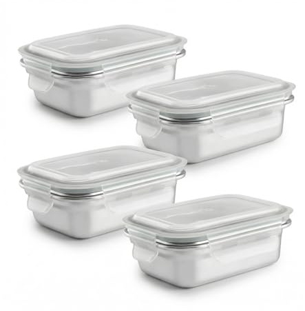 PracticDomus Juego de Recipientes en Acero Inoxidable con Tapa Hermética Aptos Microondas, Horno, Airfryer y Nevera (4XREC 400ML)