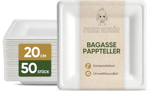 Peggikosar 50 Pappteller aus Zuckerrohr, eckig 20 cm, Weiß | Stabile Einwegteller aus Bagasse, kompostierbar, fett- und auslaufsicher – für Party, Picknick, Grillen und Feiern