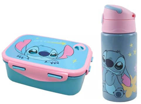 Disney Lilo & Stitch Angel Kinder Lunch Set 2 TLG – Brotdose 18x13x7 cm & Alu-Trinkflasche 500 ml, Blau Rosa