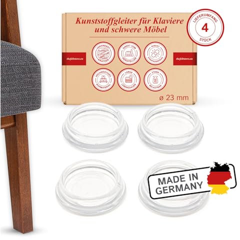 K.D.J. Brand Möbeluntersetzer, Klavieruntersetzer rund transparent 4 Stück, 23 mm Innendurchmesser, Klavier Bodenschoner, Klavieruntersetzer Glas transparent – Made in Germany