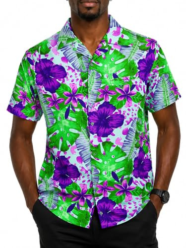 King Kameha Funky Hawaii-Hemd, Herren, Kurzarm, Green-Leaves-Purple-Flower, Türkis, XL