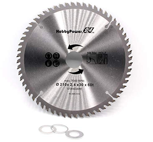 Kreissägeblatt Sägeblatt Hartmetall für Holz Tischkreissäge Kappsäge Gehrungssäge 210x30mm 60 Z Zähne + 3 Reduzierringe auf 24,4mm, 20mm und 16mm