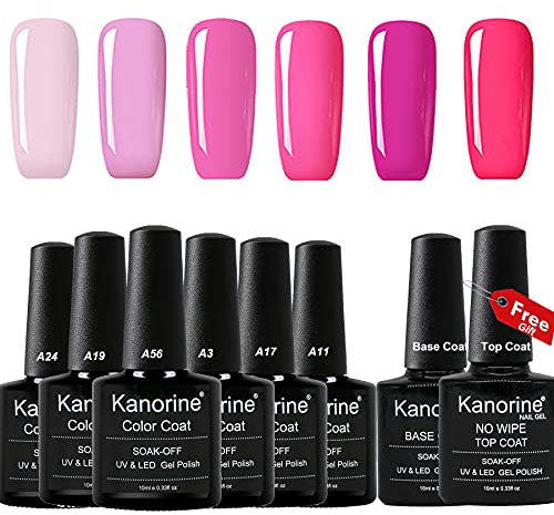 KANORINE 8pcs Nail Gel polish pink series Set (6 colors + base & top coat) Soak off UV/LED Gel Nail Polish Long Lasting Gel Varnish Manicure Set 10ml x8pcs