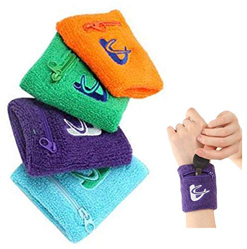 tidystore 4 STÜCKE Schweißband mit Tasche und Reißverschluss Baumwolle Armband Knöchel Brieftasche Stretch Handgelenk Tasche für Laufen Wandern Basketball Tennis Wandern