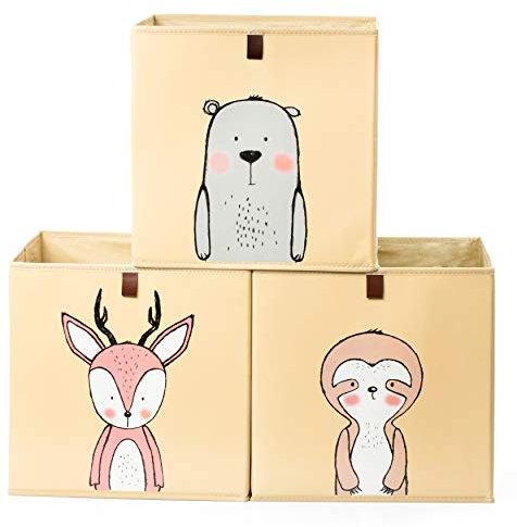2friends 3 Kinder Aufbewahrungsboxen mit Schlaufe zum Herausziehen, 3er Set Kallax Boxen mit 3 Motiven, 33x33x33 cm, stabil und abwaschbar, beige