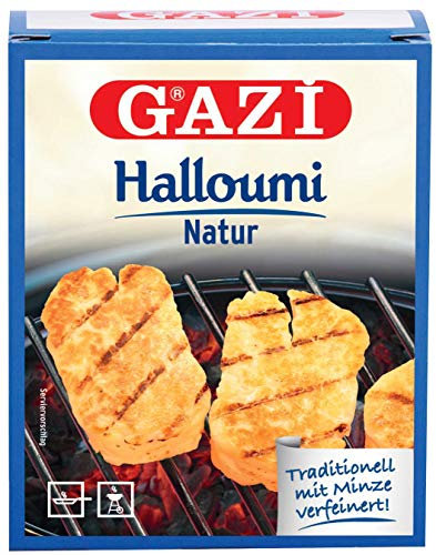 Gazi Halloumi Natur - 10x 250gramm Vakuum - Pfannenkäse Pfanne Grillkäse Grill Ofenkäse Ofen 43% Fett in Vakuumverpackung mit Minze Schnittkäse Käse mikrobielles Lab Halal vegetarisch glutenfrei