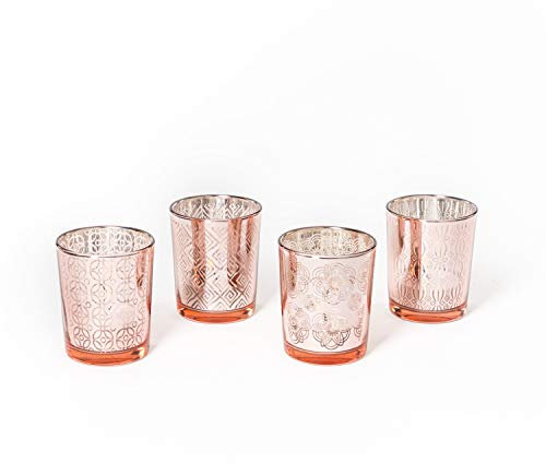 Teelicht-Gläser Set aus Glas inkl. Teelichter - Kleine edle Teelicht Kerzen-Halter mit Verzierungen - Windlichter Kerzenglas - Geschenk Dekoration für Hochzeit, Geburtstag, Weihnachten (Rot 4er Set)