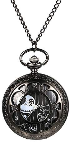 JewelryWe Halloween Taschenuhr Herren Damen mit Hohlen Kürbis Blütenblatte & Schädel Skull Skelett, Quarz Analog Uhr mit Kette Halskette Geschenk Schwarz