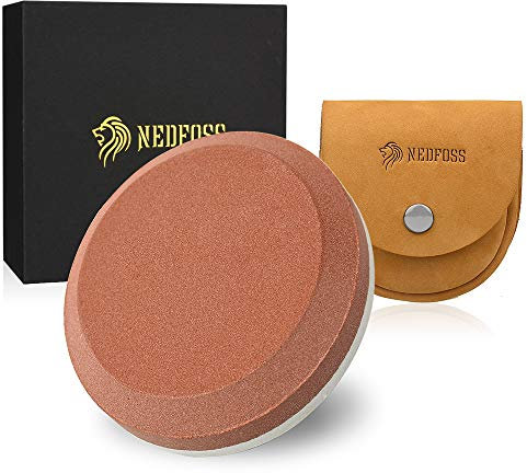 NedFoss Axe Sharpener Tool with Leather Sheath, Sharpening Puck Whetstone Axe & Tools Sharpening Stone, Double Grain Multi-Function Sharpener (