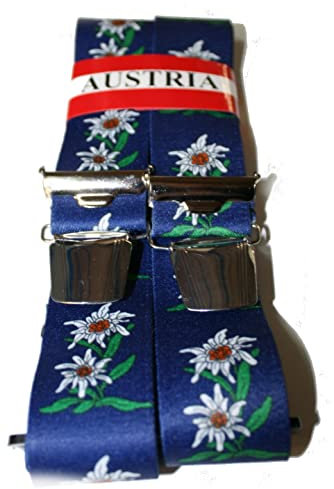 EDELWEISS Hosenträger aus ÖSTERREICH - AUSTRIA - WIEN - - im EDELWEISS-Design - 35mm Breit in H-Form mit 4 extra starken Clips UNI/Edelweiß grell-blau P-013