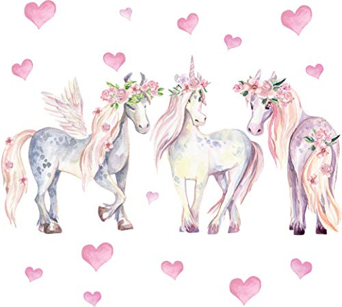 Pandawal Wandtattoo Kinderzimmer Mädchen Deko Einhorn Pferde Herz Wanddeko für Kinder und Babyzimmer Wandaufkleber (L)