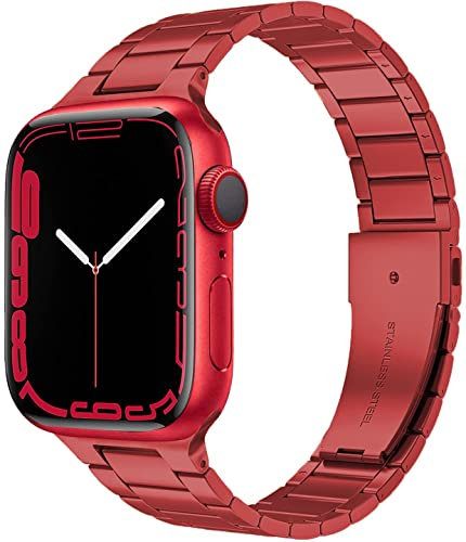 Miimall Cinturino per Apple Watch 49mm 42mm 44mm 45mm, Band in Acciaio Inox, Cinturino Sottile, Donne Uomini Leggero Strap per Apple Watch Series 9 8 7 6 5 4 3 2 1,Ultra 2 Ultra, SE2 SE, Rosso