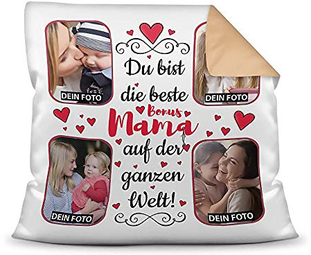 Kissen mit Füllung zum selbst Gestalten mit 4 Fotos - Für die Beste Bonusmama - Hochwertige Kissenhülle mit Reißverschluss, Rückseite Beige, 40 x 40 cm