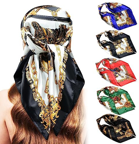 Stlvoll Lot de 5 grands foulards de tête en satin, foulard carré en soie pour dormir, 89 cm, 35 * 35 IN