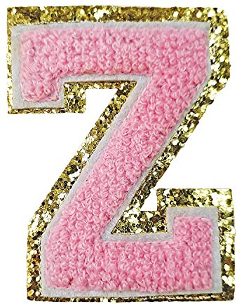 Iron on Letter Patches Gold Glitters & Pink Chenill,3 PCS Varsity Initial Patches,Adhesive Sticker Letter Patch for Team Costume Decoration 3.1in Height