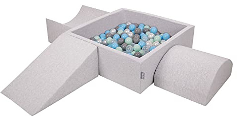 KiddyMoon Spielplatz Aus Schaumstoff Mit Quadrat Bällebad (200 Bälle) Ballgruben Für Babys Spielbad Hindernisläufen, Hergestellt In Der EU, Hellgrau:Perle/Grau/Transparent/Babyblue/Minze