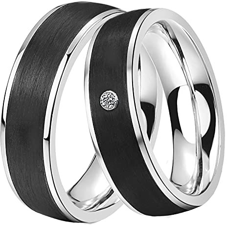 DOOSTI Damen Herren Ring Set Edelstahl Silber mit Einlage Carbon Schwarz als Partnerring Ehering Freundschaftsring Herrenring Damenring inkl. Gravur mit Namen (Ring mit Zirkonia, 60)