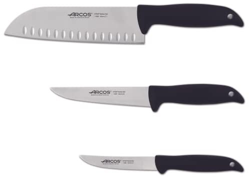 Arcos Série Menorca, Set de 3 Couteaux de Cuisine, Couteau Santoku, Couteau de Cuisine, Acier Inoxydable NITRUM, Emballage Eco, Fabriqué en Espagne, Couleur Noir 810300