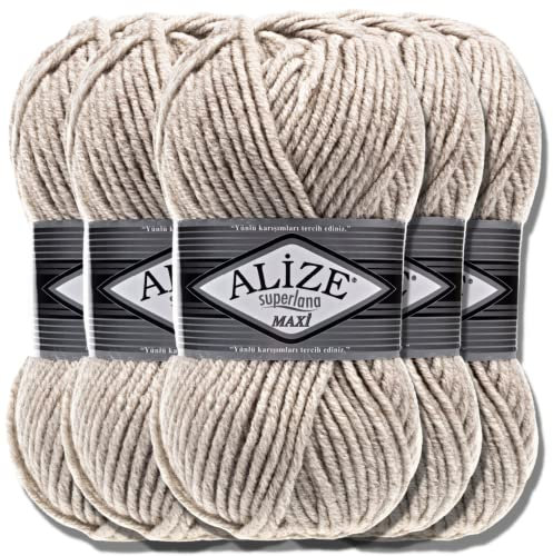 Alize 5 x 100g Superlana Maxi Türkische Premium Wolle Baumwolle und Acryl Uni Handstrickgarne | Yarn | Garn | Strickgarn Einfarbig Baby zum Häkeln Stricken Kleidung Schals (Beige Melange | 152)