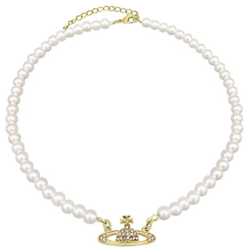 YuSaug Damen Perlenkette Saturn, Silber Saturn Perlenkette, Pearl Planet Necklace, Pearl Orb Choker - Gold