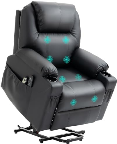 HOMCOM Fernsehsessel mit Aufstehhilfe Elektrisch Relaxsessel Schwarz | Massagefunktion, Liegefunktion, Ruhesessel mit Becherhalter, Fernbedienung, Seitentasche