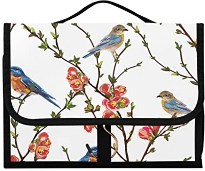 Branches d'arbre japonais avec fleurs rouges, feuilles vertes, oiseaux - 1 trousse de toilette à suspendre - Organiseur de maquillage portable - Étui de rangement pour cosmétiques de voyage avec