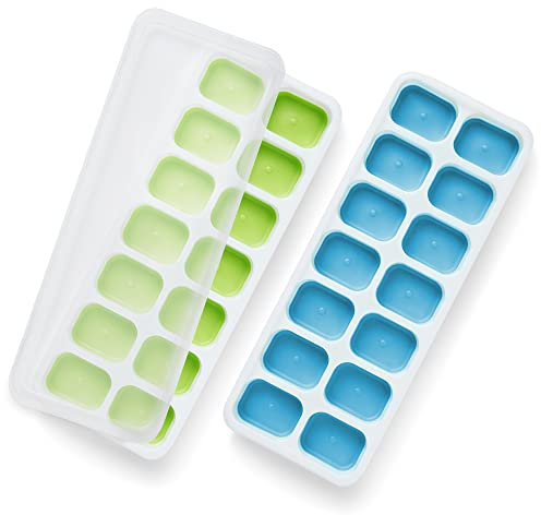 KEPLIN 2 Pack Silicone Ice Cube Trays (25x9.5cm) with Non-Spill Flexible Moulds Lids Easy to Remove Ice Cube Tray LFGB Certified BPA Free Perfect for Baby Food,Cocktails and Other Drinks Green & Blue