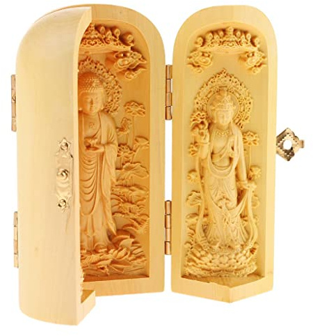 misppro Tibetische Buchsbaum-Schnitzerei Kwan-yin Lotusblume Heiliger 3 Gott Buddha Statue Box