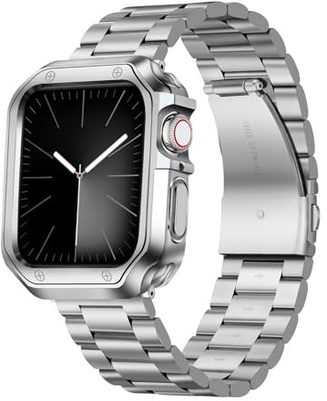 BINLUN Kompatibel mit Apple Watch Metall Armband 45mm 44mm 42mm Edelstahl Ersatzband mit TPU Hülle Kompatibel mit iWatch Armbands Series 9/8/7/6/5/4/3/2/1/SE/SE2 Herren Damen (Silber)