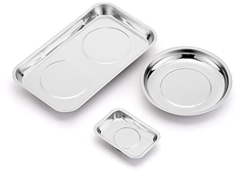 CASOMAN 3-Piece Round and Square Magnetic Trays Set, Stainless Steel, 5.9 Round, 9.4Wx5.4L & 3.8W x 2.6L Square, for Socket Screw, Nuts, Bolts, Metal Parts