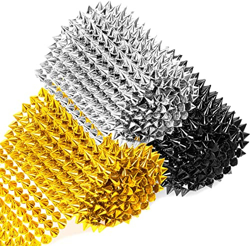 Swpeet 3 Yards 3 Farben Nähen Stich auf Spike Stud Set, Gold Schwarz Silber Kegel Baum Spike Stud Nieten Punk Rock Trim Perle, Trim Mesh Nieten Perlen für Punk Stil Kleidung DIY Handwerk