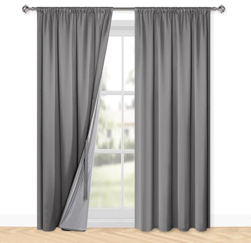 XWZO 100% Blickdichte Vorhänge Wohnzimmer, Vorhänge mit Kräuselband, Gardinen Schlafzimmer, Doppellagige Dicke Verdunklungsvorhänge Thermovorhang Kälteschutz, 200x140 cm(HxB) Grau 2er Set