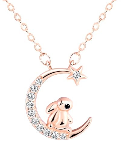 feilok lovely Moon Rabbit Pendant Necklace For Woman 925 Sterling Silver girl Necklace with Zirconia Rose gold animal