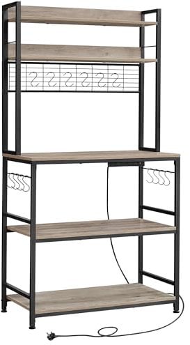 VASAGLE Kitchen Storage Rack with Power Outlet, Coffee Bar, Baker's Rack, with Metal Wire Panel, 14 Hooks, for Microwave, Steel Frame, 40 x 80 x 170 cm, Greige and Ink Black KKS025K02