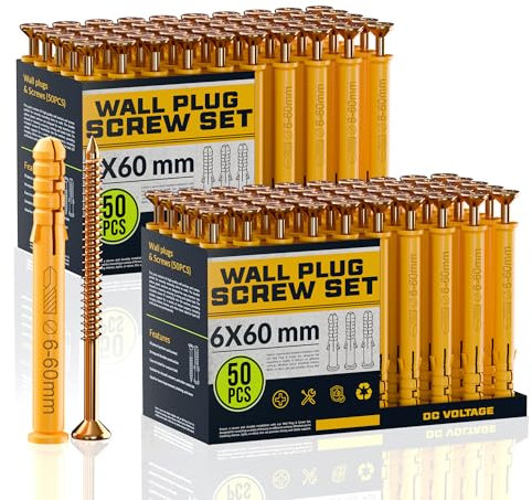 DC VOLTAGE 50pcs x 2 Wall Plugs and Screws Set 6 x 60 mm Anchor Bolts For Masonry Brick Concrete Heavy Duty Brick Concrete Fixings Plugs Set