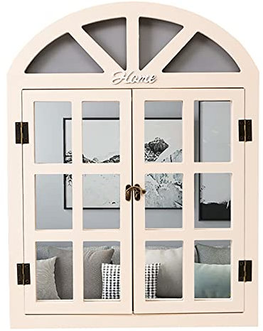 Jcgly Wall Mounted Rustic Arched Garden Window Mirror with Doors, MDF and Plastic Mirror, Dimensions: 52 X 40cm, Look Great Outdoors Or Inside. (Color : Beige)