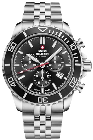 Swiss Military by Chrono SM34103 Herrenuhr Chronograph mit Edelstahlband oder Silikonband 10 ATM Datum Stoppuhr Saphirglas