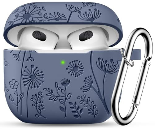 Ouwegaga Gravierte Hülle für Apple Airpods 3 Hülle, Silikon für Airpods 3 Case Stoßfeste Schutzhülle Kompatibel mit Airpods 3. Generation Hülle 2021, mit Karabinerhaken [Front-LED sichtbar], BlauGrau