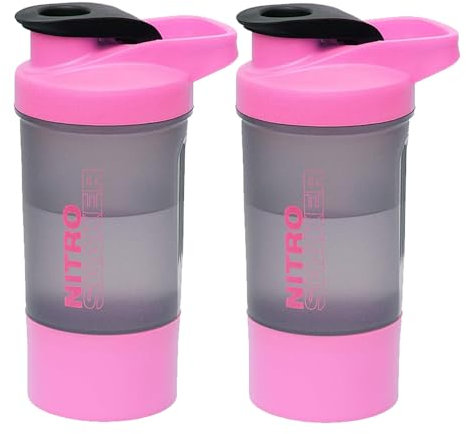 JMS we create smile Set of 2 - Protein Shaker Bottle 600ml Sports Bottle for Protein Shake Leakproof Shaker Cup with Stainless Steel Mixer Ball Secure Drink for Fitness Gym & Travel (Pink)