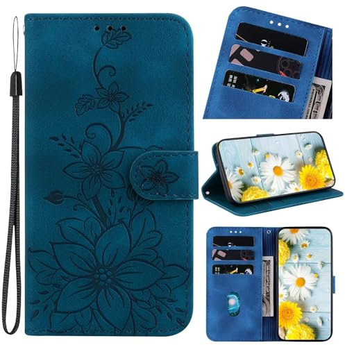 Beajew Handyhülle Kompatibel mit Nokia 5.4 Hülle, PU Leder Eleganter Prägung Schutzhülle mit Kartenfach, Flip Case Klappbar Stoßfeste Hülle,Mit Lilienmuster, Dunkelblau