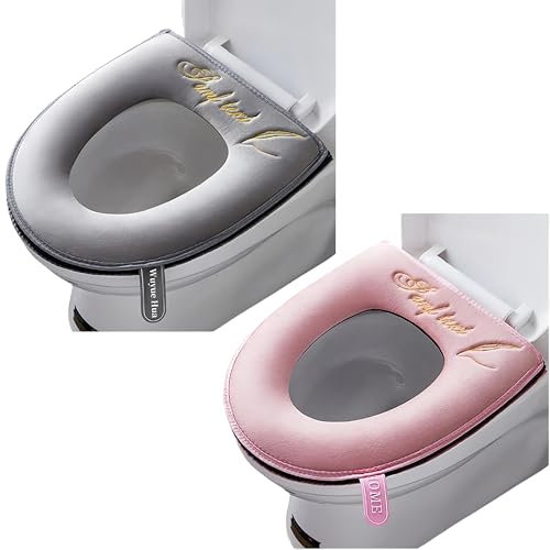 2 Stück weiche WC-Sitzbezüge mit Griff, Toilettendeckelbezug, Kissen, weich, dicker, waschbar, passend für alle ovalen WC-Sitze (grau + rosa, Reißverschluss)