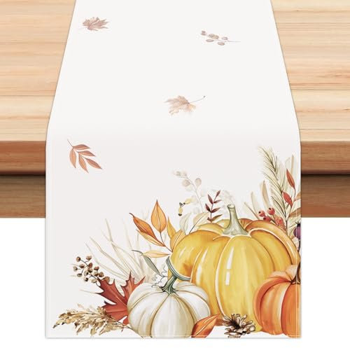 Bonhause Tischläufer Herbst Kürbis Blätter Tischläufer Erntedank Saisonnal Küche Esstisch Dekoration für Drinnen Draußen Urlaub Party Waschbar Wohnkultur Tafeltuch (33 x 183 cm)